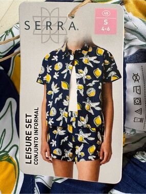 SERRA Navy White Green Yellow Lemon Print Cotton Top Shorts Leisure Set Aldi Sml
